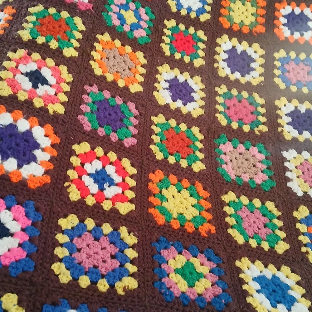 Vintage 70's Handmade Blanket Granny Square Farmhouse Multi-Color Crochet Unique